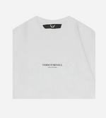 close up for White drop-shoulder oversized T-shirt showing  front logo details 
https://versoparnell.com/