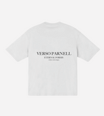 back side white oversize T-Shirt with centered Verso parnell logo 
https://versoparnell.com/