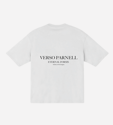 back side white oversize T-Shirt with centered Verso parnell logo 
https://versoparnell.com/