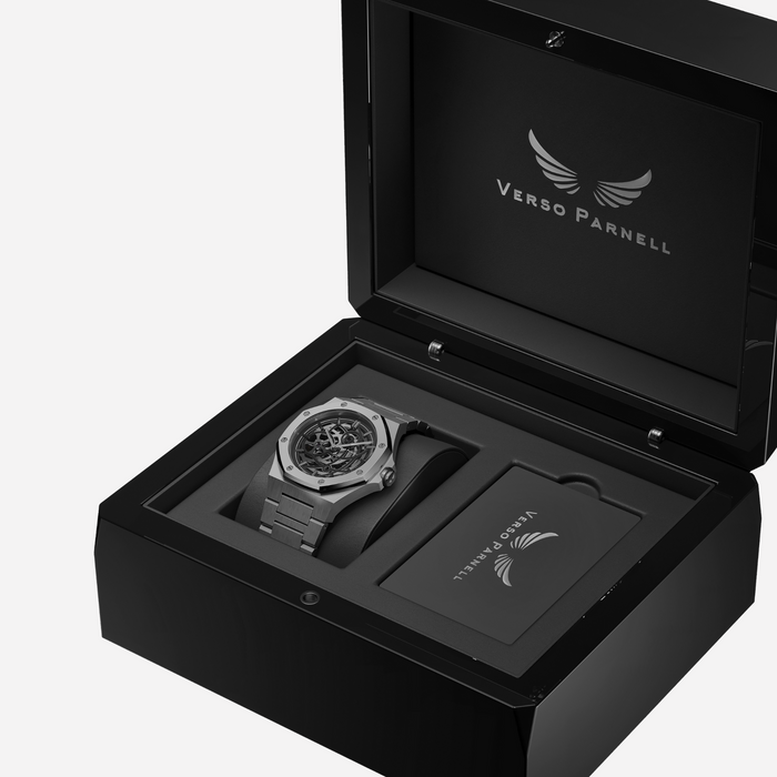 Close up shot of Silverera skeleton dial watch showcasing the luxurious wooden box packaging