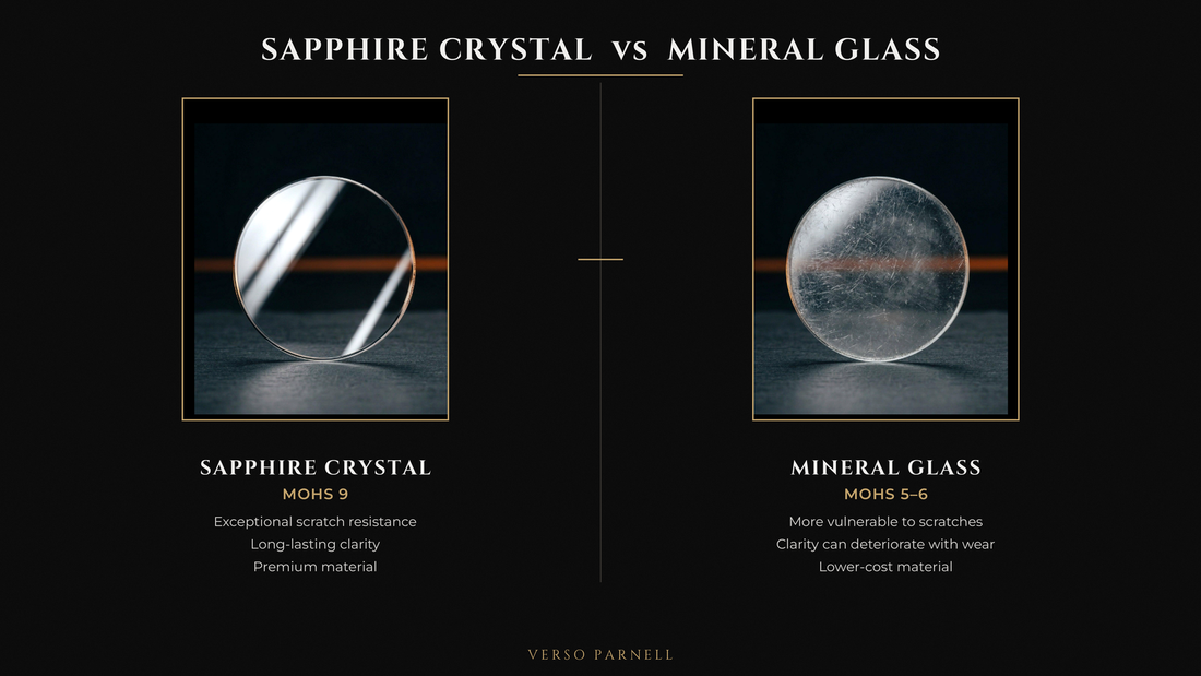 Sapphire crystal versus mineral glass comparison showing differences in scratch resistance and durability.