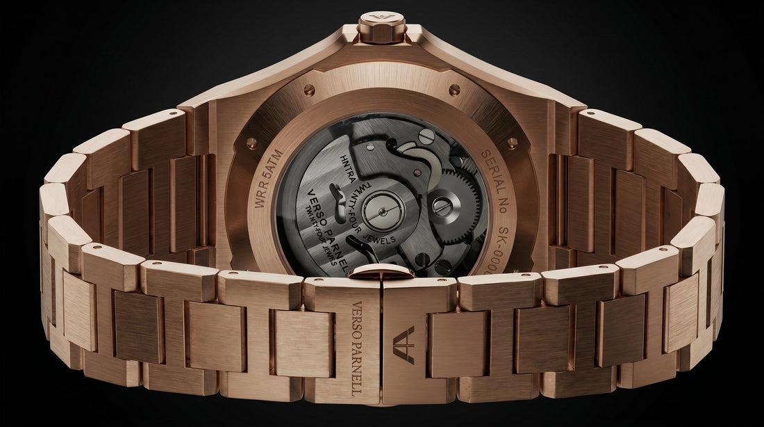 Seiko NH70A automatic movement visible through the exhibition caseback of the Verso Parnell Skeleton Watch