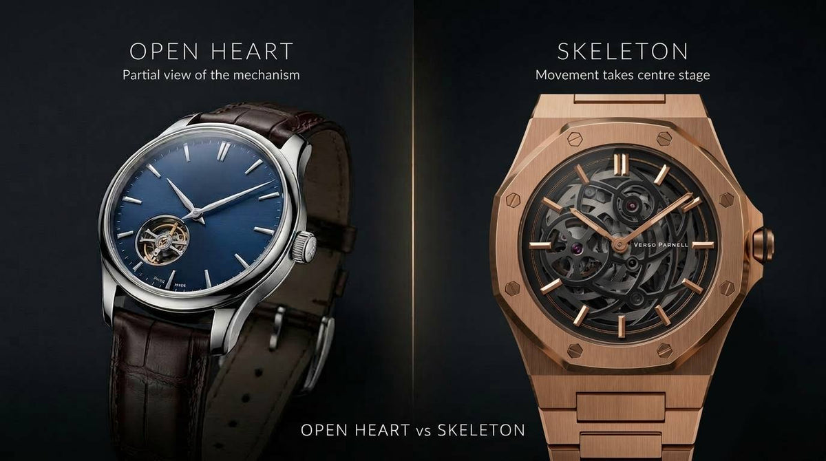 Luxury watch comparison showing an open heart watch beside a fully skeletonised mechanical watch.
