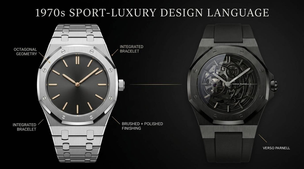 Luxury watch editorial comparing octagonal sport-luxury design elements with a Verso Parnell watch featuring a geometric case and integrated bracelet