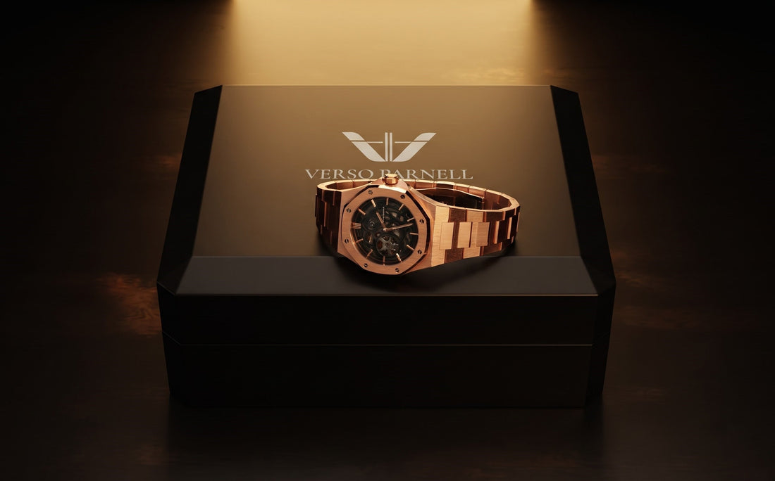 Verso Parnell rose gold skeleton watch displayed on a premium presentation box, an elegant Father's Day luxury gift in the UAE.