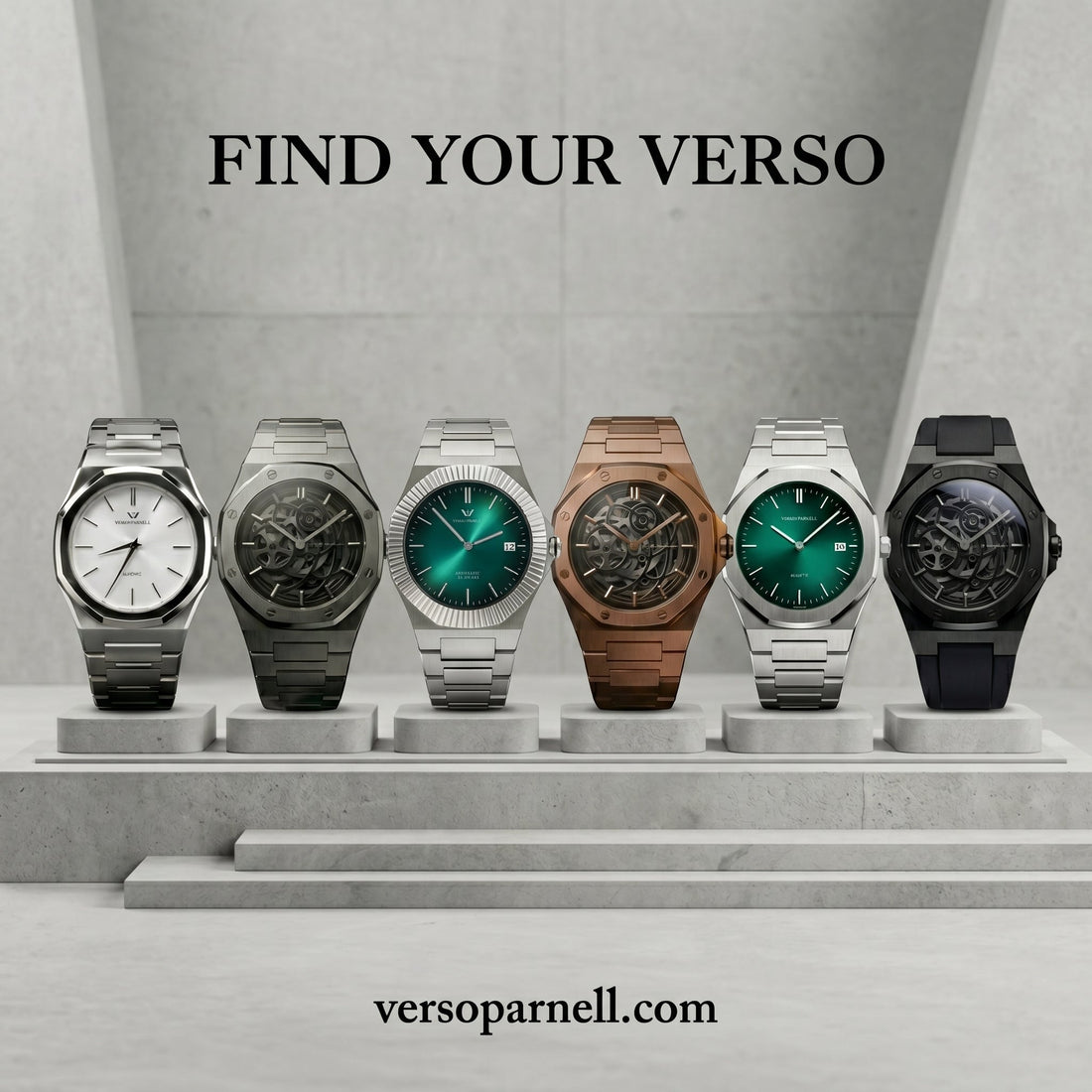 Verso Parnell affordable luxury watch collection featuring skeleton automatic and quartz watches in the UAE