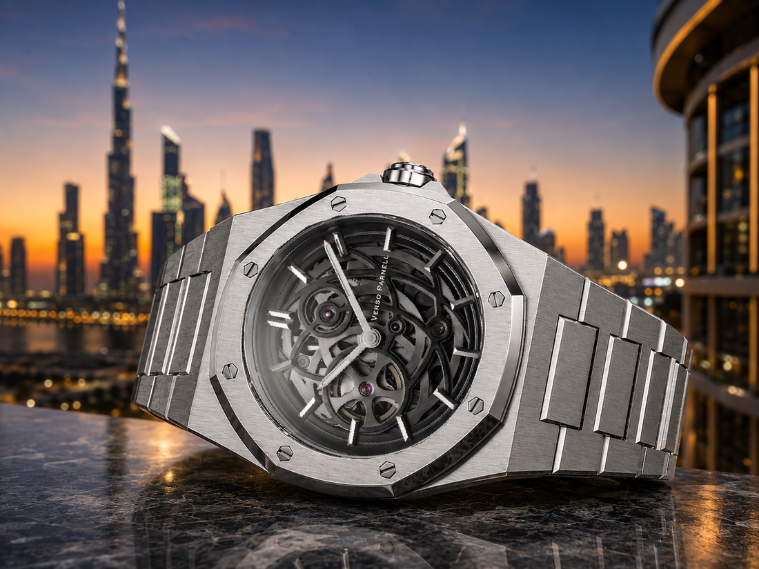Verso Parnell octagonal luxury watch against a modern Dubai architectural skyline