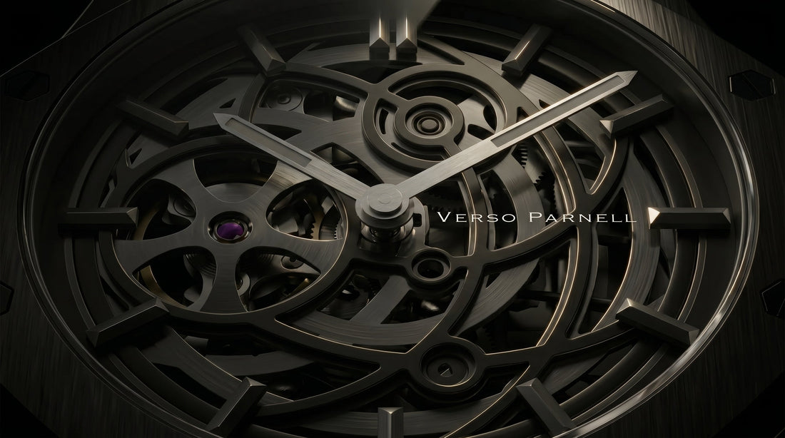 Close-up of a Verso Parnell luxury watch featuring scratch-resistant sapphire crystal.