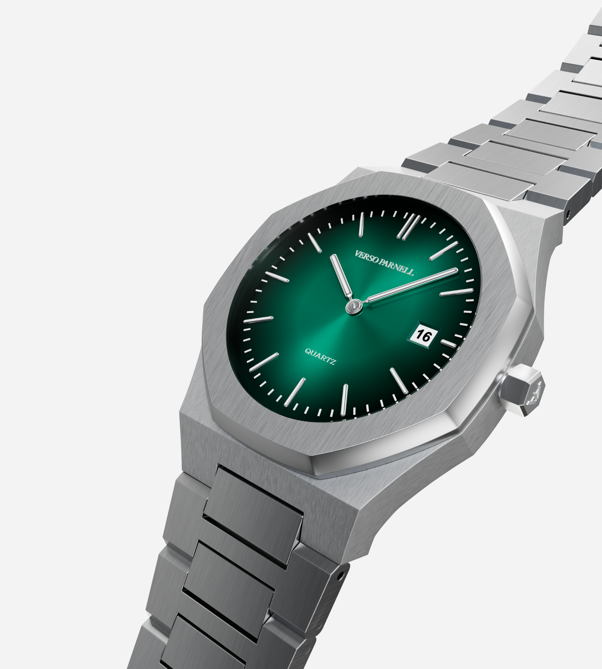 Silver watch with a green face on a white background