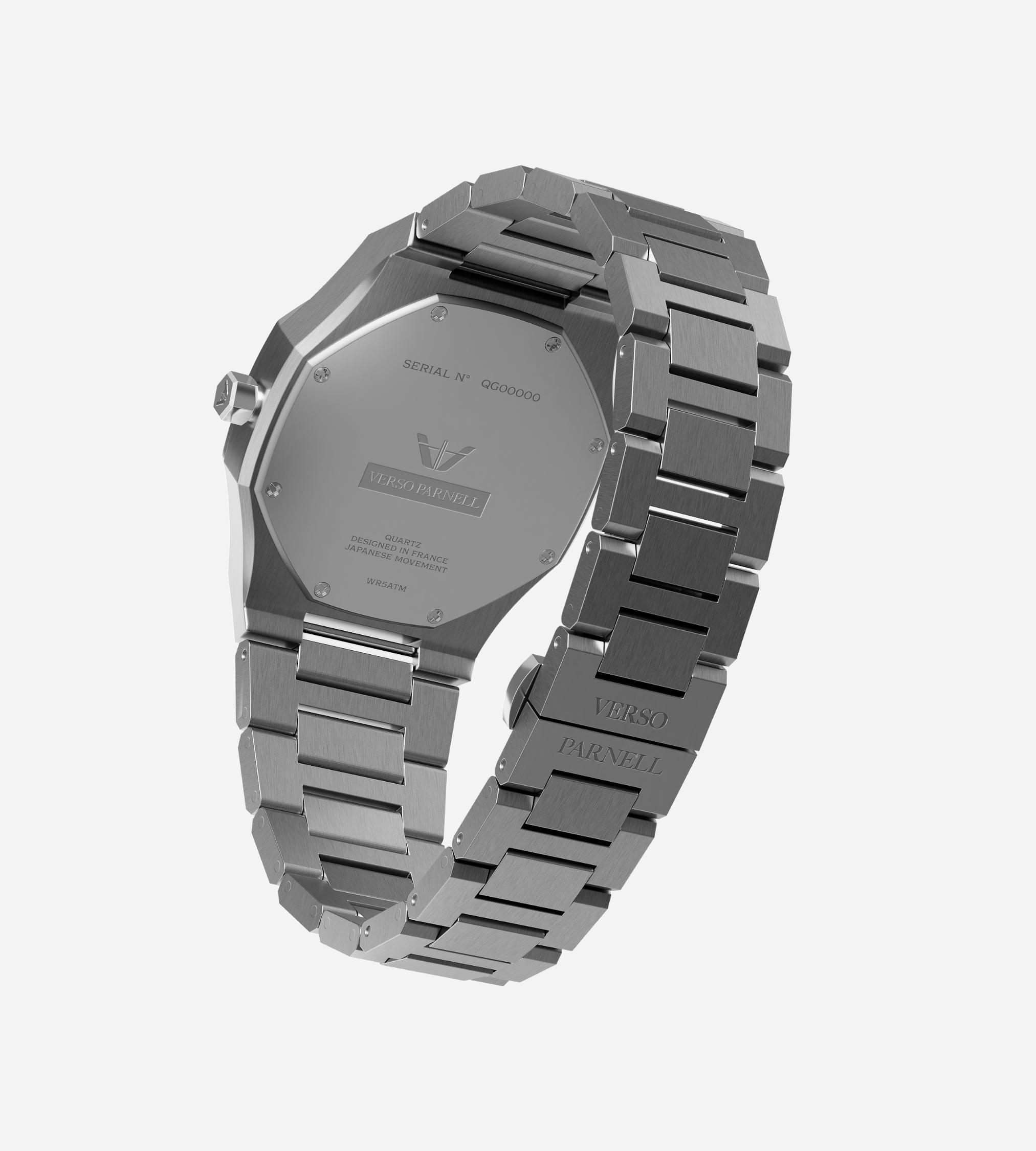 Silver watch with a metallic band on a white background