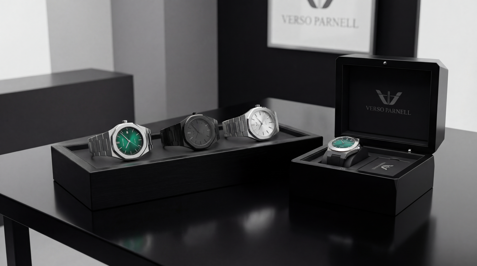 Verso Parnell watch collection on a black display stand with open box.