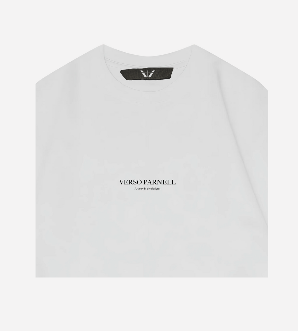 close up for White drop-shoulder oversized T-shirt showing  front logo details 

https://versoparnell.com/