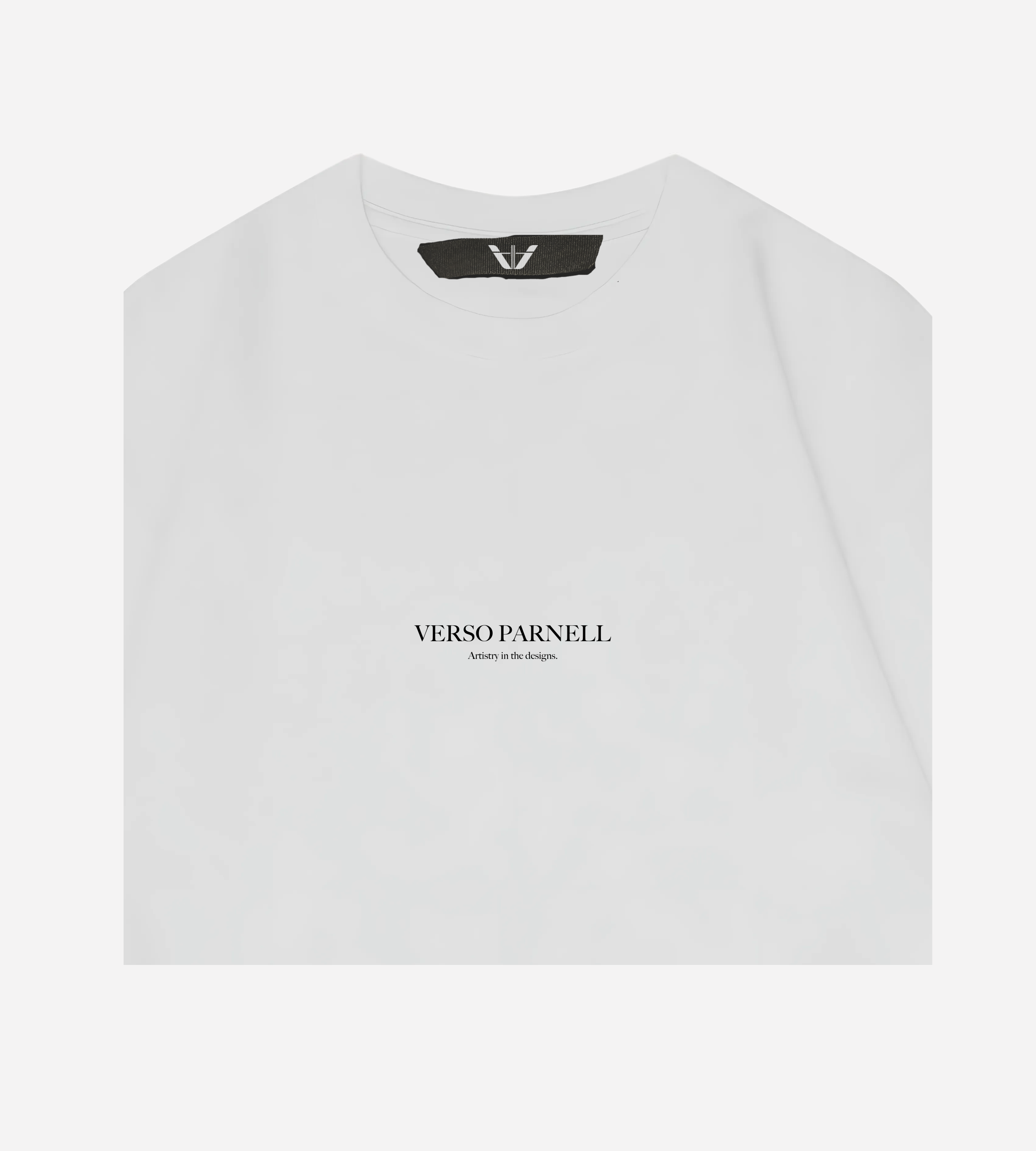 close up for White drop-shoulder oversized T-shirt showing  front logo details 

https://versoparnell.com/