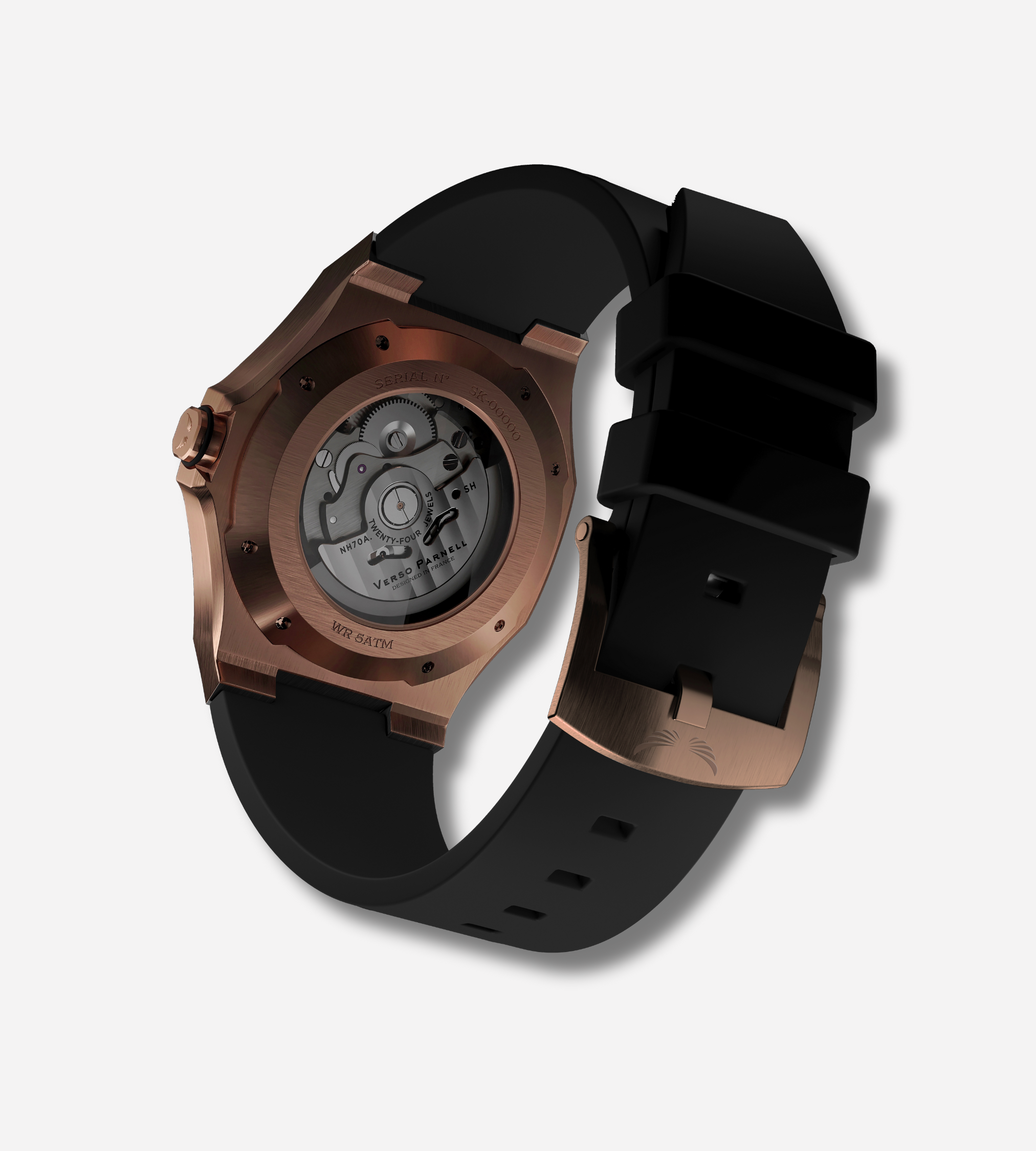 Close-up of skeleton dial showing Seiko NH70A automatic movement