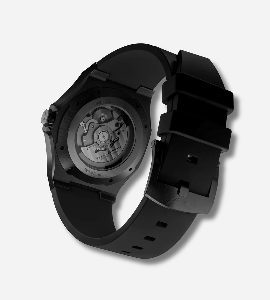 Close-up of Nebula skeleton showcasing the open-heart NH70A SEIKO movement