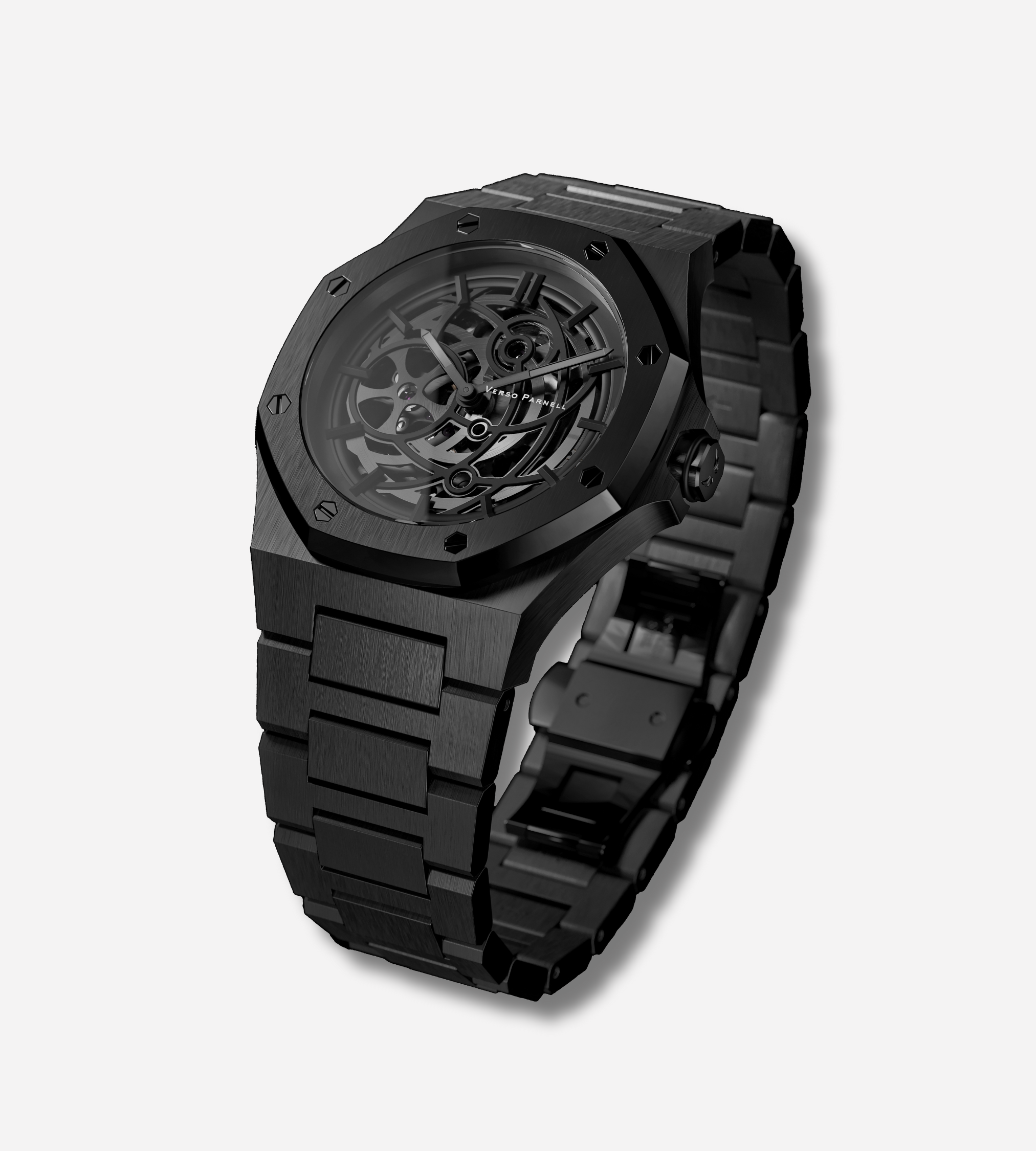 Side profile of Nebula Skeleton Watch in stainless steel with sapphire crystal