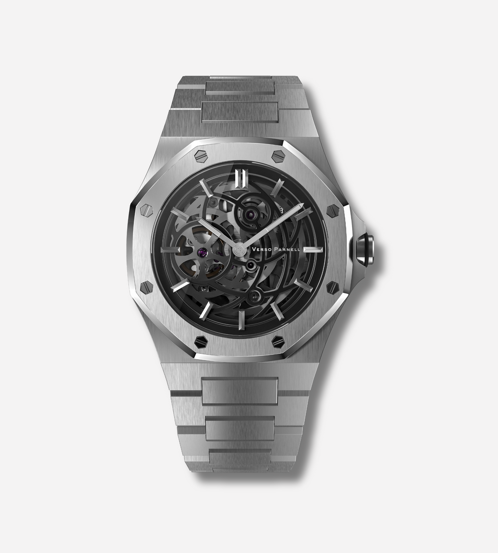 Silverera Skeleton Watch – Front View – 316L Stainless Steel, Sapphire Crystal