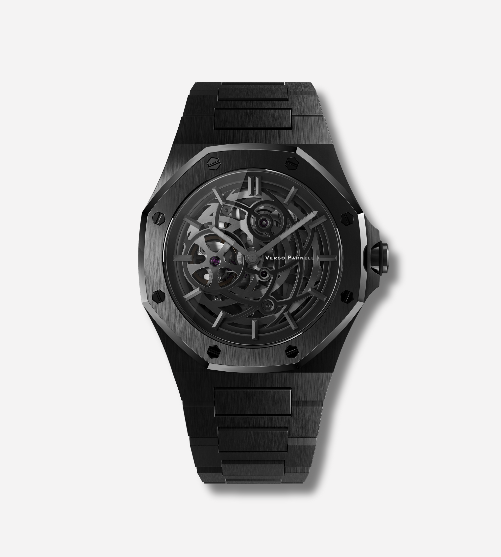 Close-up of Nebula watch showing exposed mechanics and luminous markers