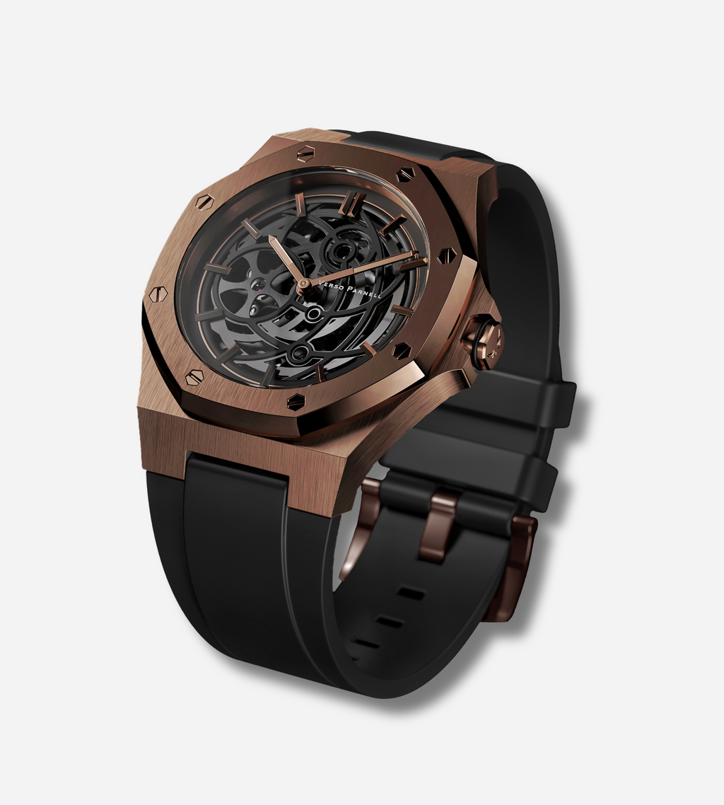 Side view of Aurora watch in brushed steel with black rubber strap