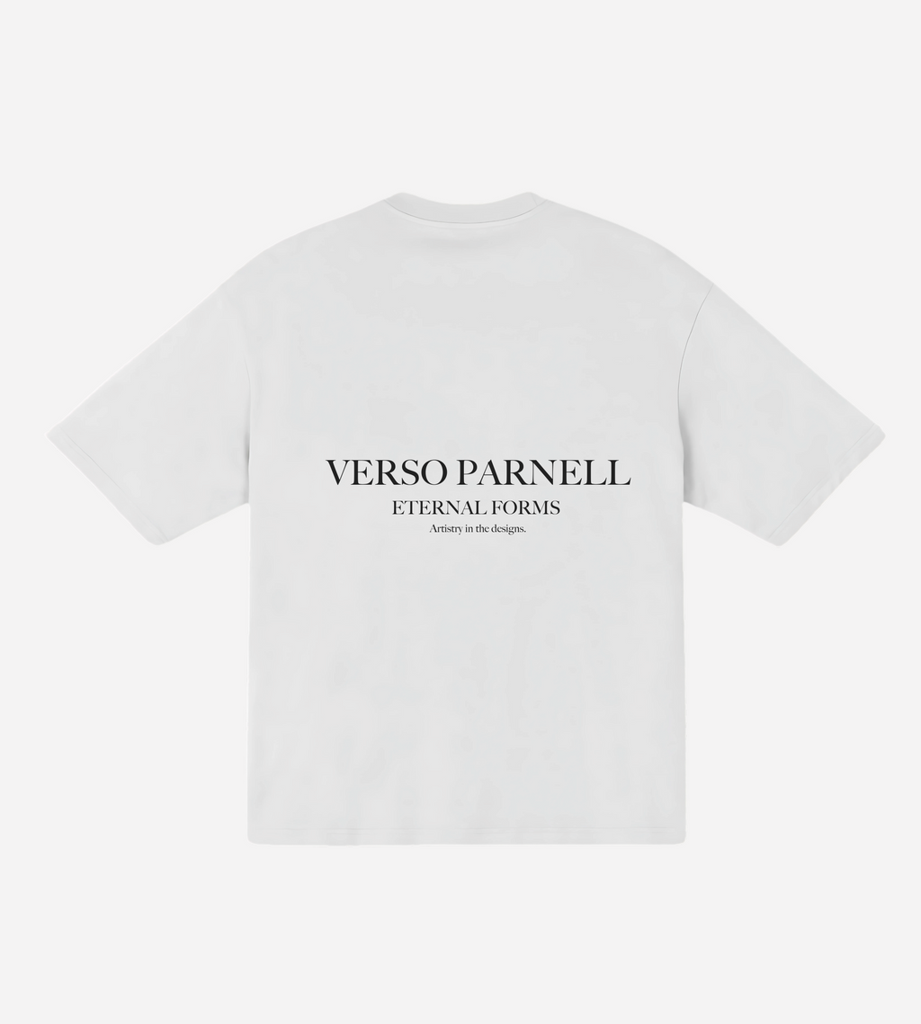 back side white oversize T-Shirt with centered Verso parnell logo 

https://versoparnell.com/