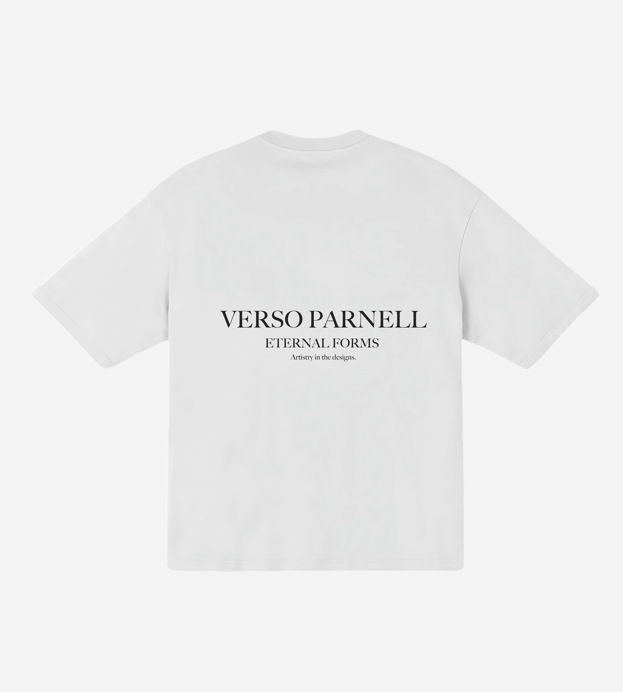 back side white oversize T-Shirt with centered Verso parnell logo 

https://versoparnell.com/
