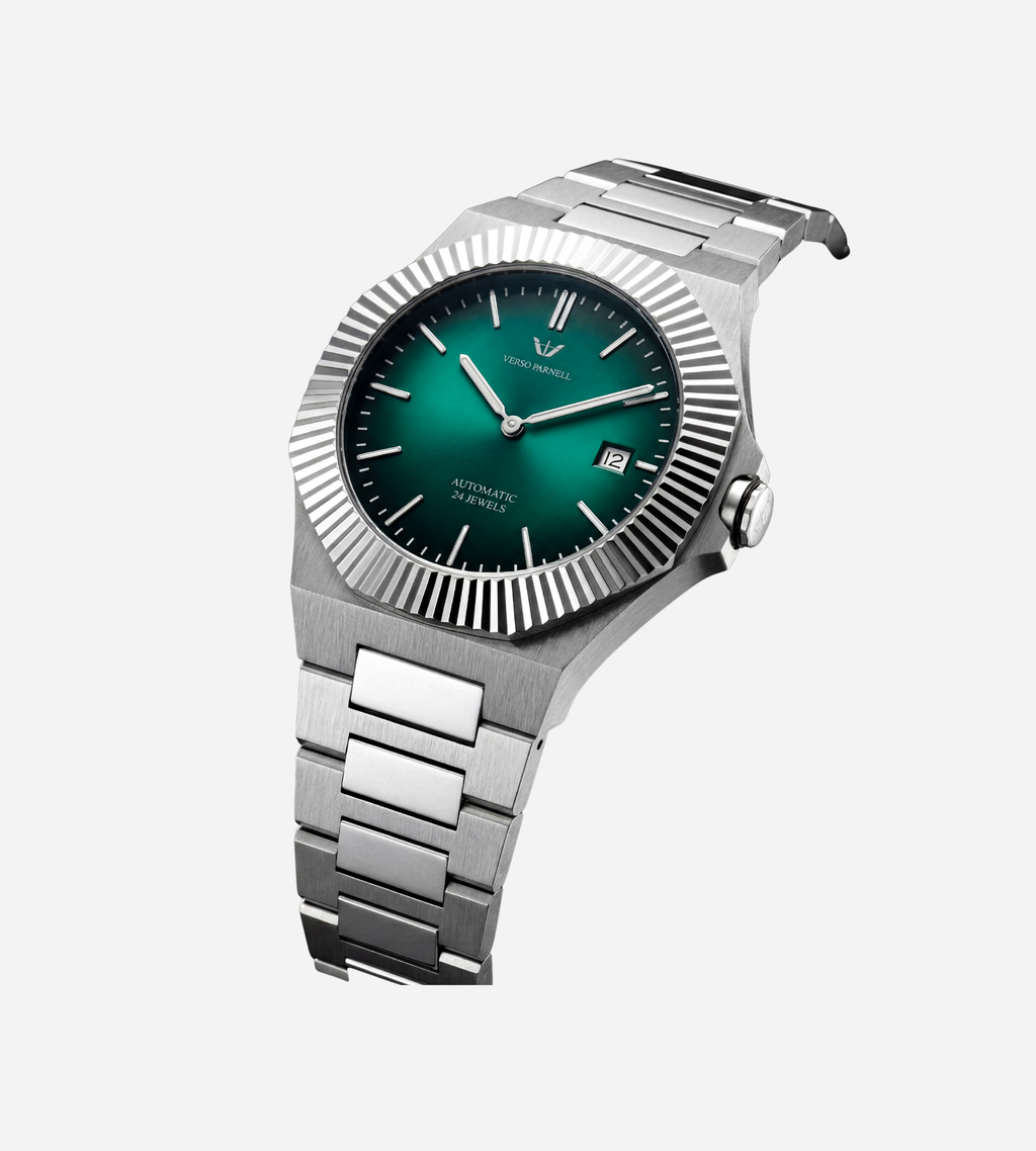 Emerald Automatic Skeleton Watch for Men – Integrated Stainless Steel Bracelet