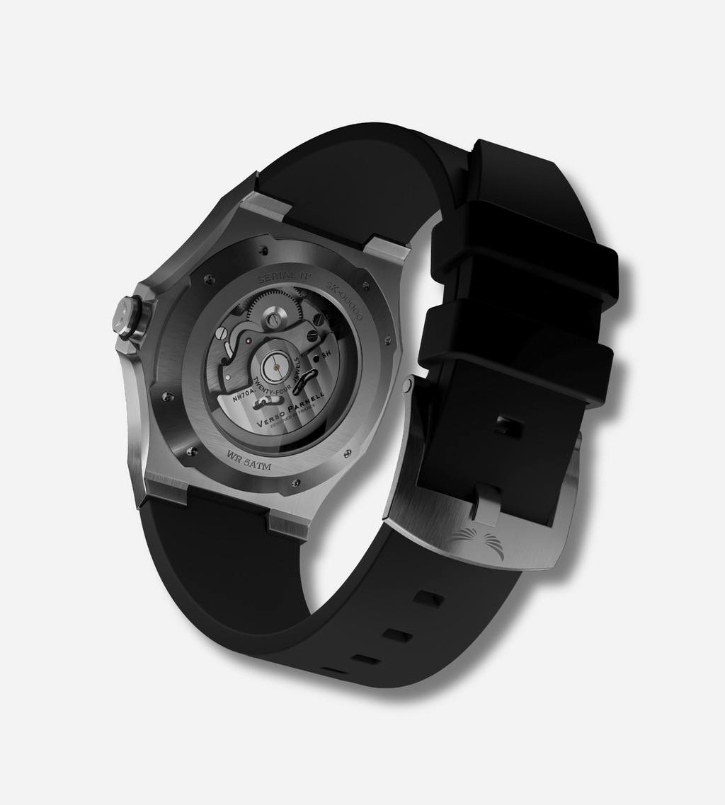 Close-up of Seiko NH70A movement inside Silverera skeleton sport watch