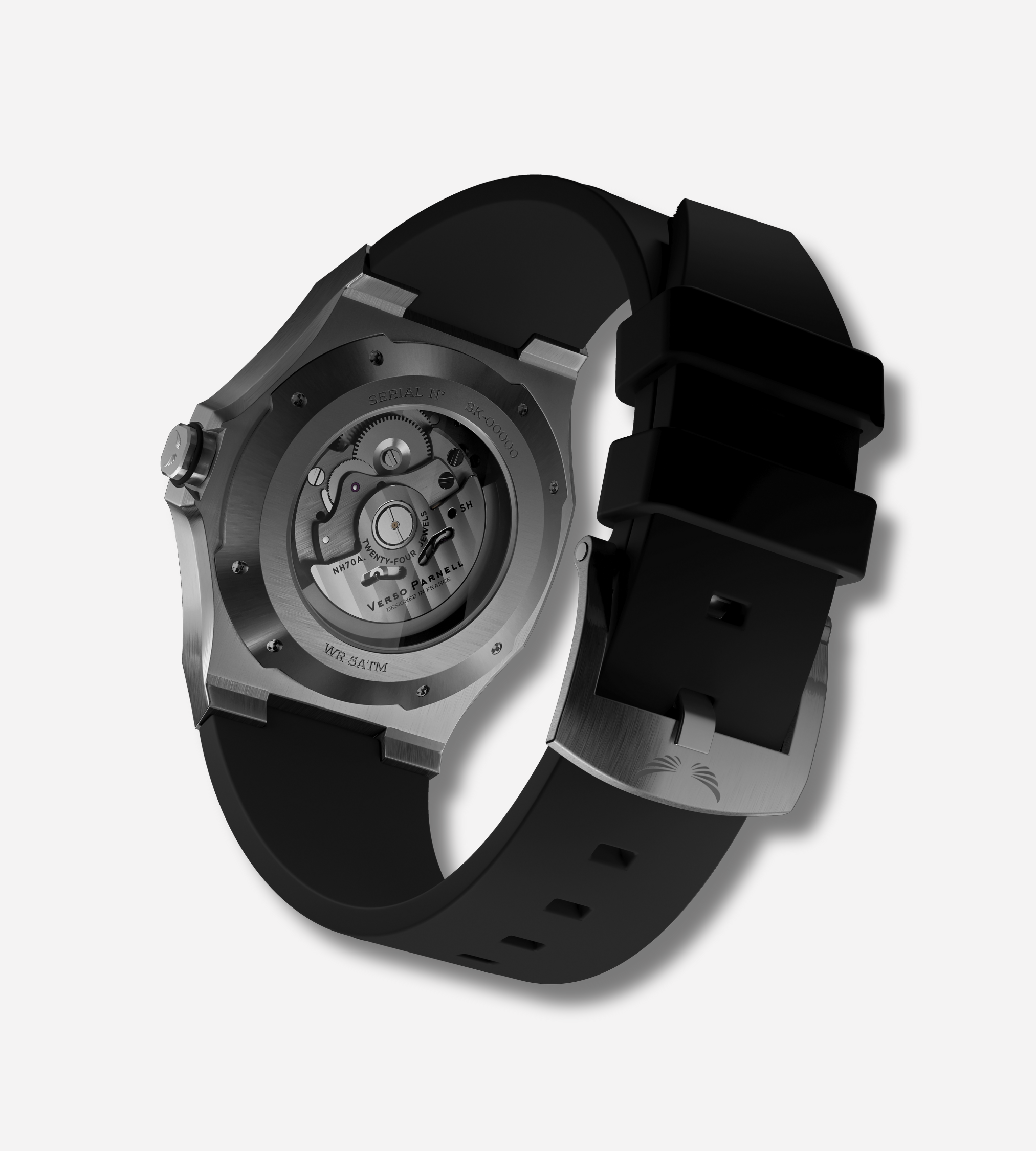 Close-up of Seiko NH70A movement inside Silverera skeleton sport watch