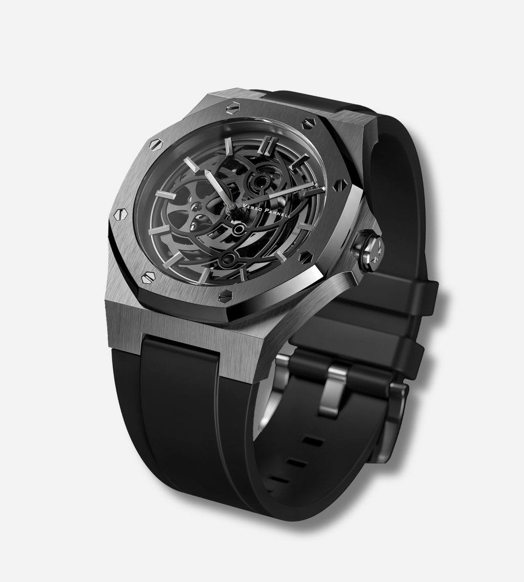 Side profile of Silverera Sport Skeleton Watch in stainless steel and sapphire glass