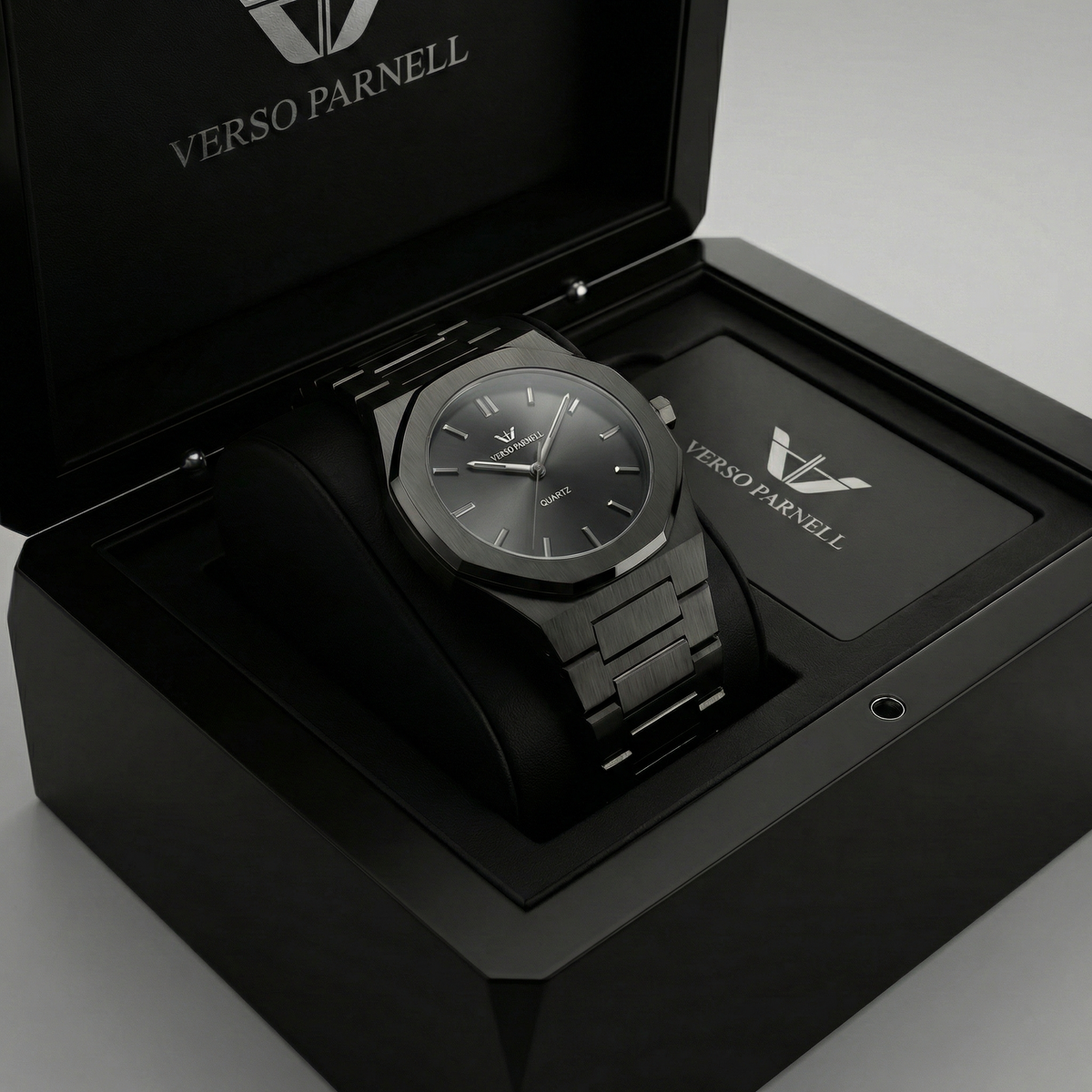 Onyx matte black watch flat lay – French-designed PVD steel quartz timepiece UAE