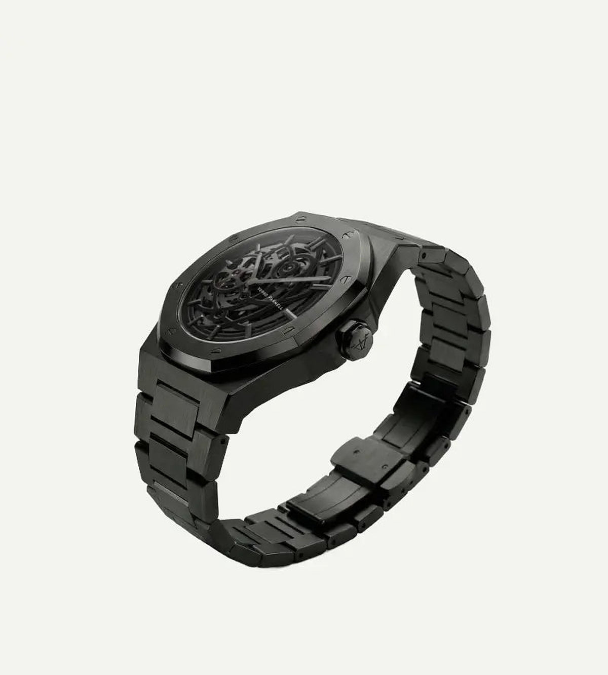 Nebula Skeleton Watch angle view – 316L steel case, sapphire crystal