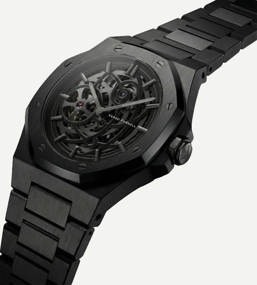Nebula Skeleton Watch case detail – black octagonal case, crown and integrated bracelet