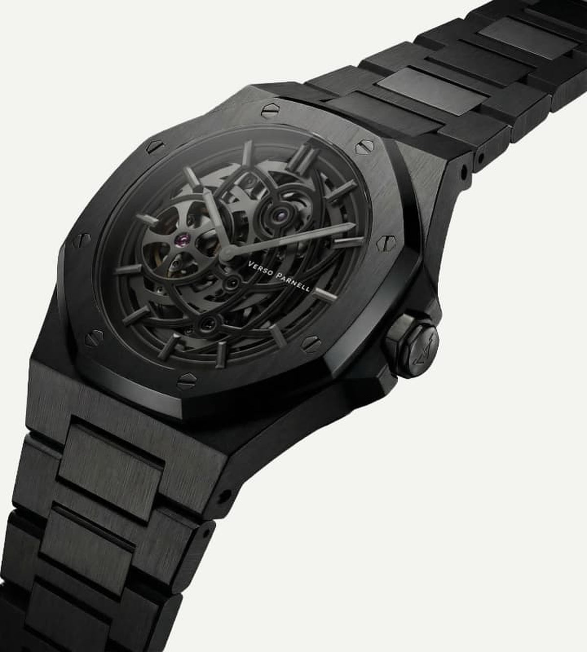 Nebula Skeleton Watch case detail – black octagonal case, crown and integrated bracelet