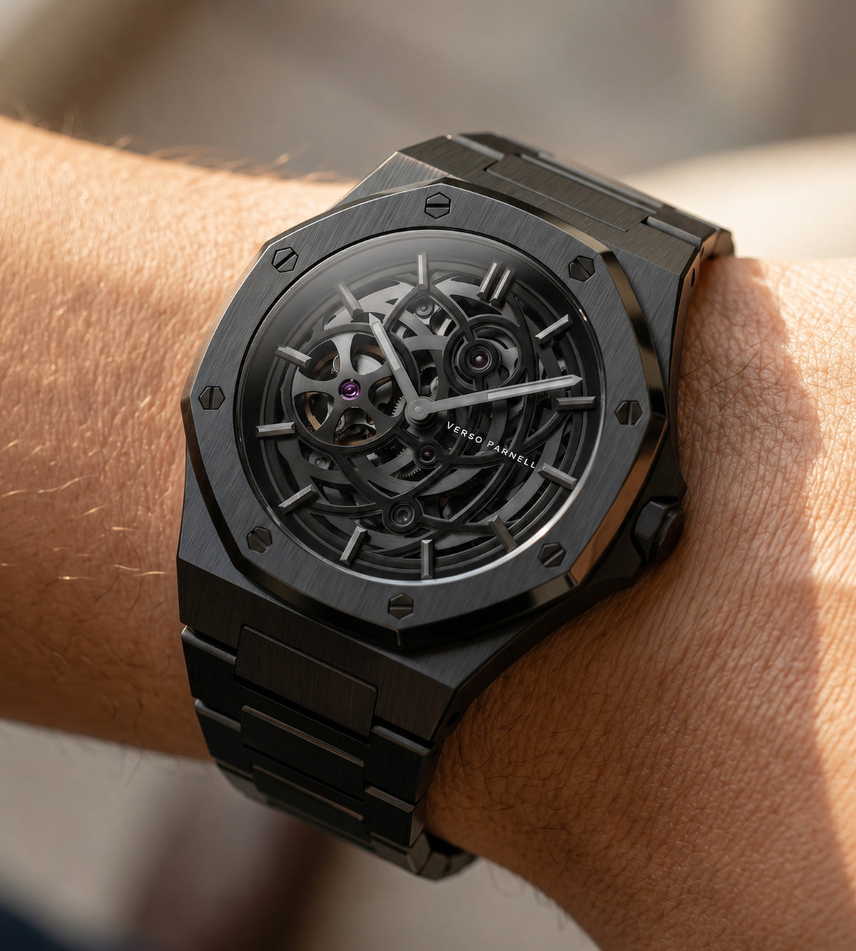 Nebula Skeleton Watch dial close-up – open-worked automatic movement