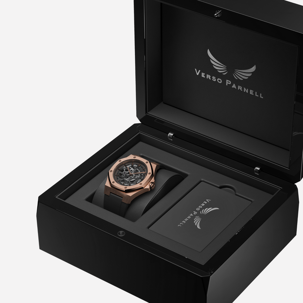 Close-up of Aurora watch luxurious wooden box packaging
