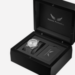 Aria Quartz Watch for Men with white dial and stainless steel case in a wooden box 