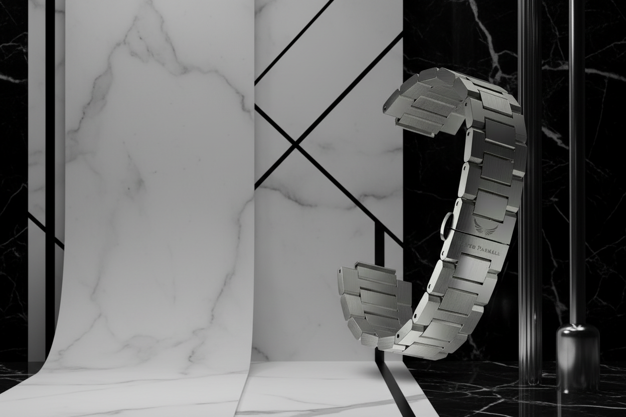 Watch band with a city skyline featuring the Burj Khalifa at night.