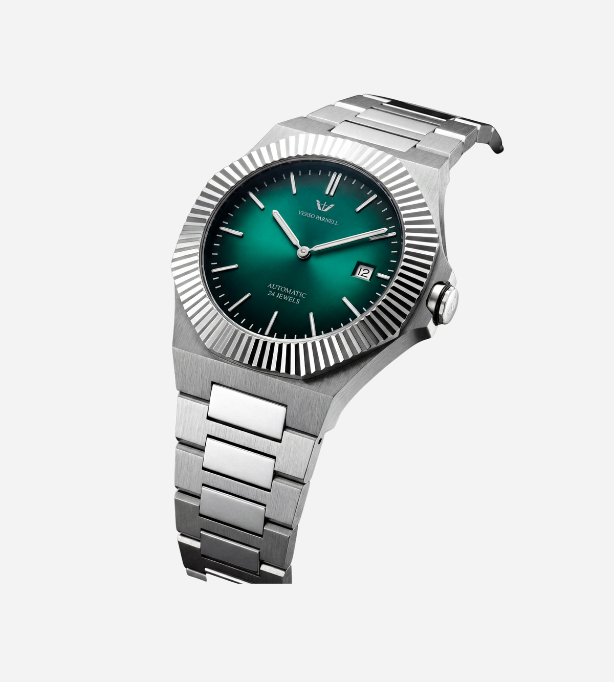 Emerald Automatic Watch dial front view – fumé green dial, integrated bracelet | Verso Parnell UAE