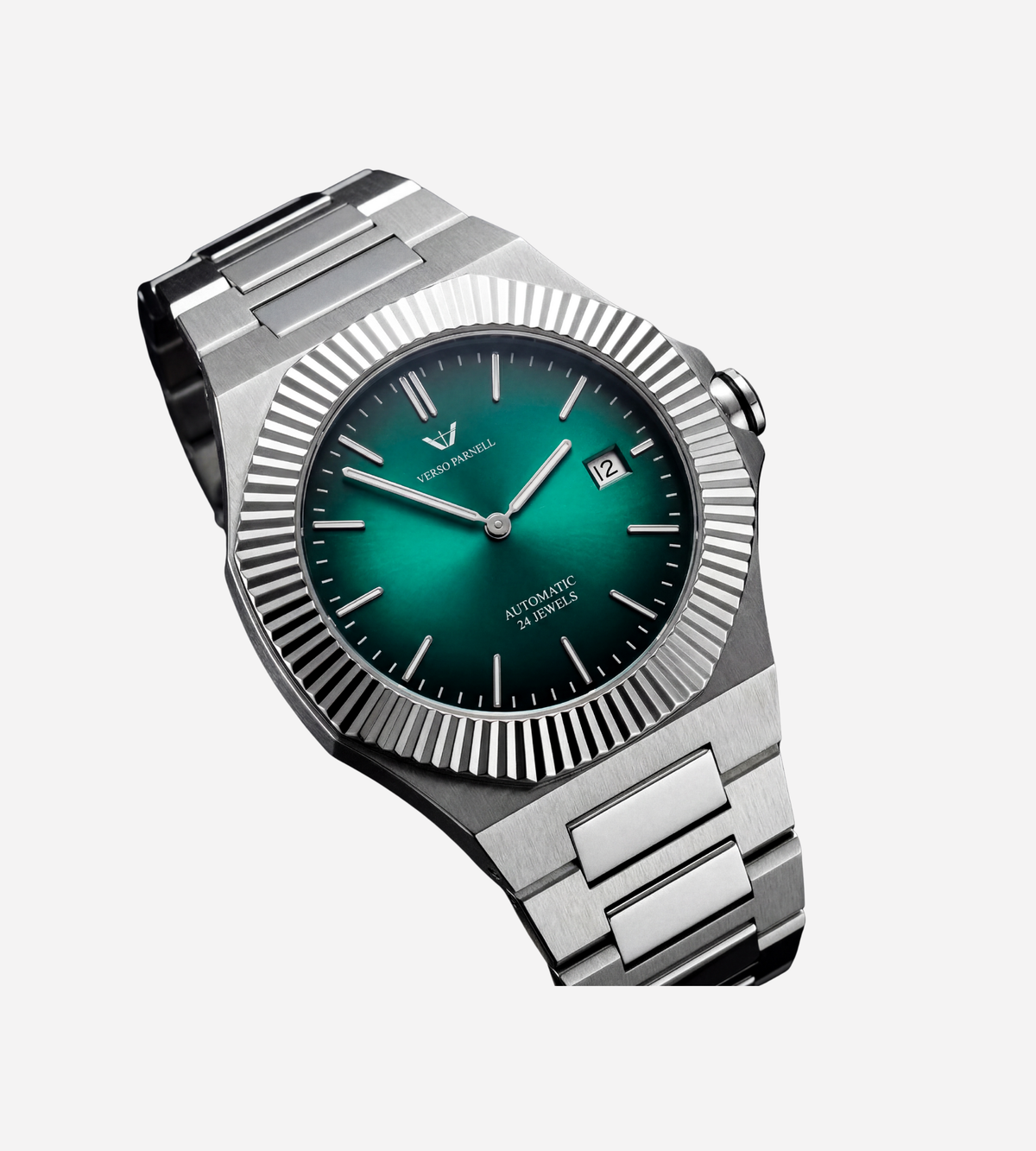 Emerald Automatic Watch angle view – octagonal coin-edge bezel, 316L steel case, 41mm | Verso Parnell