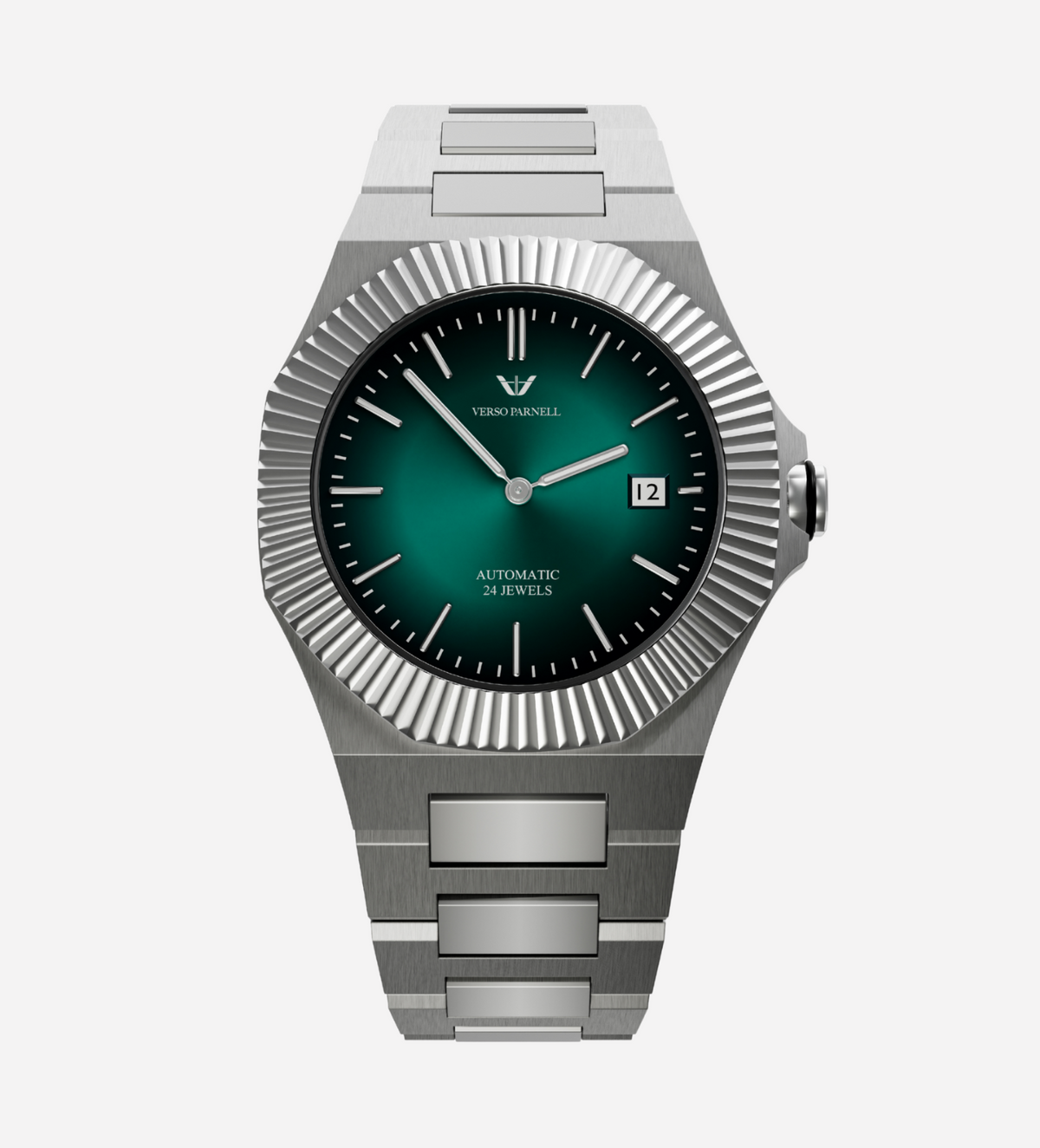 Emerald Automatic Watch – integrated stainless steel bracelet, fumé green dial | Verso Parnell UAE