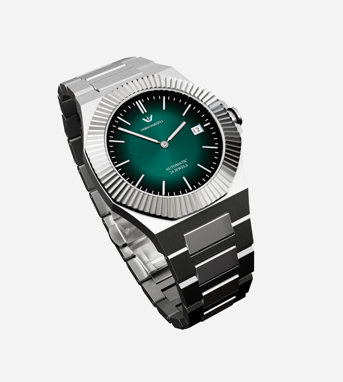 Emerald Automatic Watch side view – coin-edge bezel, 316L integrated bracelet, 41mm | Verso Parnell