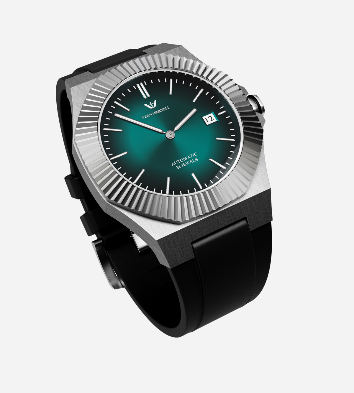 Verso Parnell Emerald Automatic Watch front view – French-designed octagonal dial, sapphire crystal