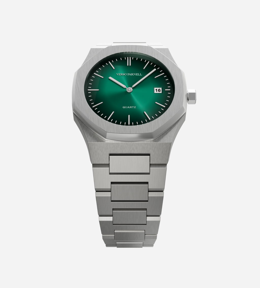 Jade Quartz dial close-up – fumé green gradient with date window