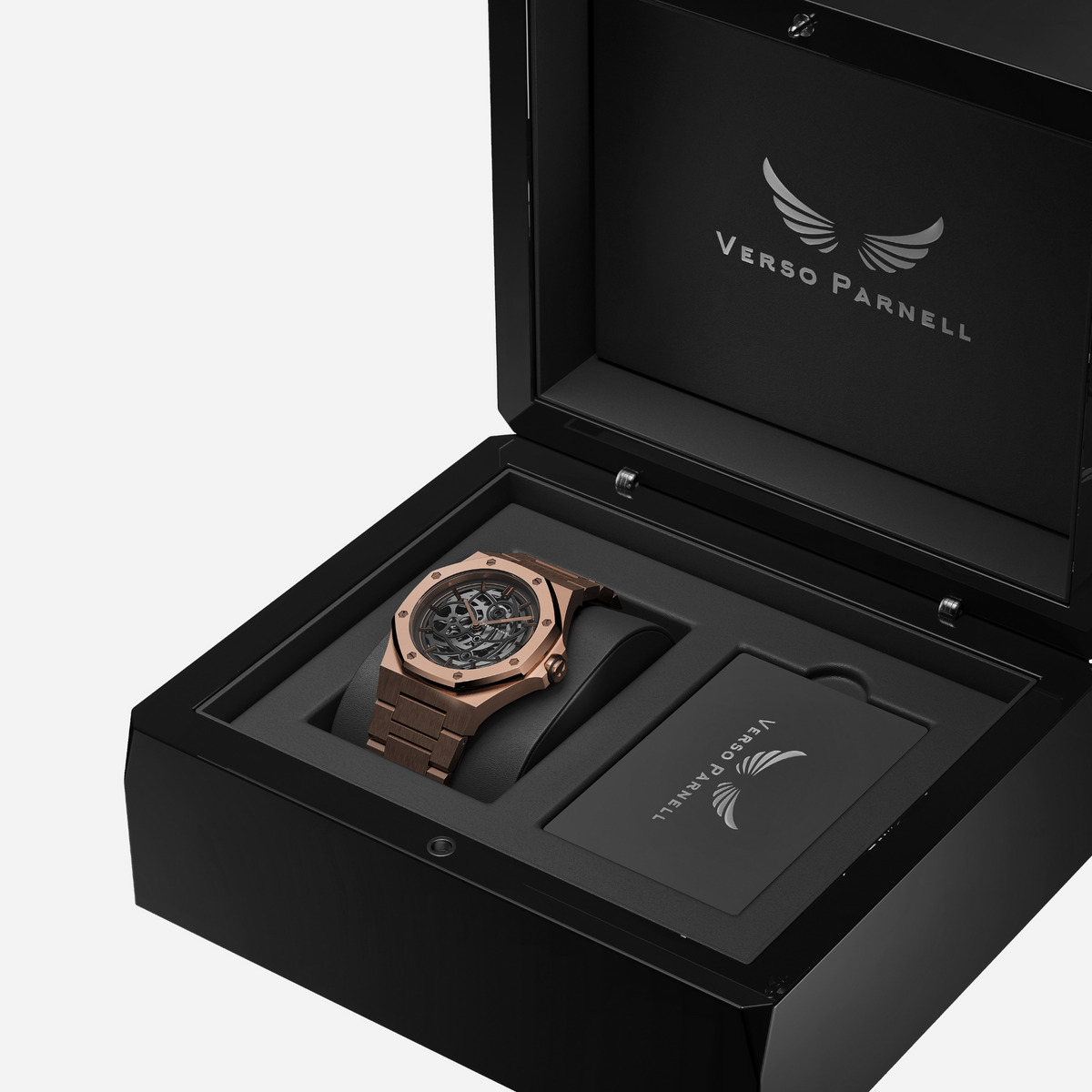 Aurora Skeleton Watch flat lay – 41mm octagonal case, skeleton automatic movement | Verso Parnell