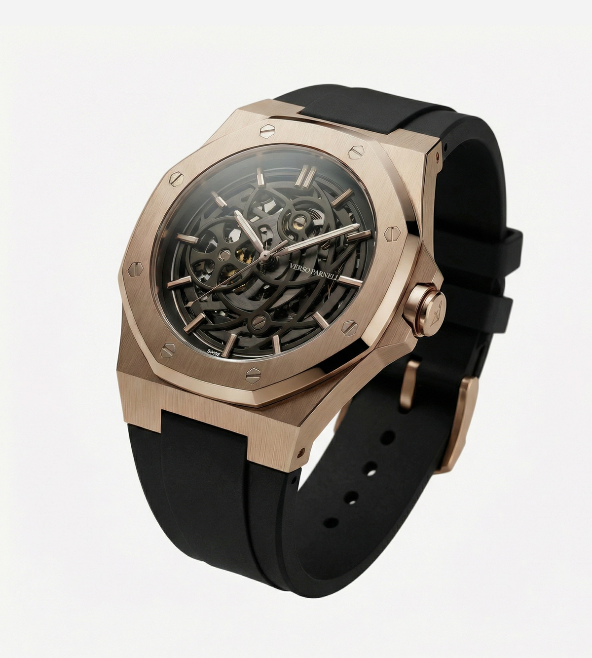 Aurora Sport dial close-up – skeleton movement, fluted bezel, luminous hands | Verso Parnell