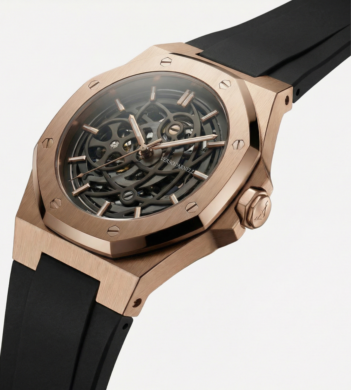 Aurora Sport Skeleton Watch side view – 316L steel case, sapphire crystal, 5 ATM | Verso Parnell