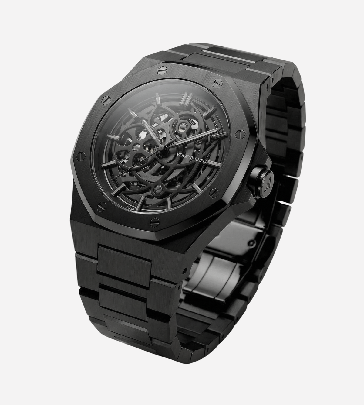 Nebula Skeleton Watch front view – open-worked dial, visible gears, luminous markers