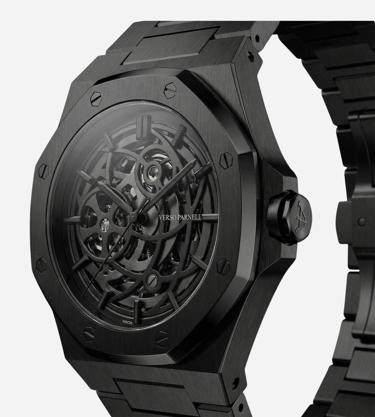 Nebula Skeleton Watch dial close-up – balance wheel, gear train, Seiko NH70A visible