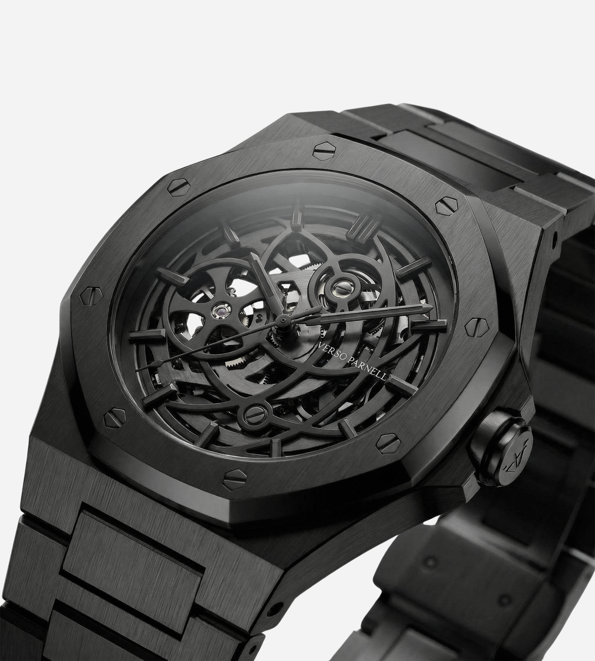 Nebula Skeleton Watch side view – 316L brushed steel, skeleton dial, 41mm | Verso Parnell