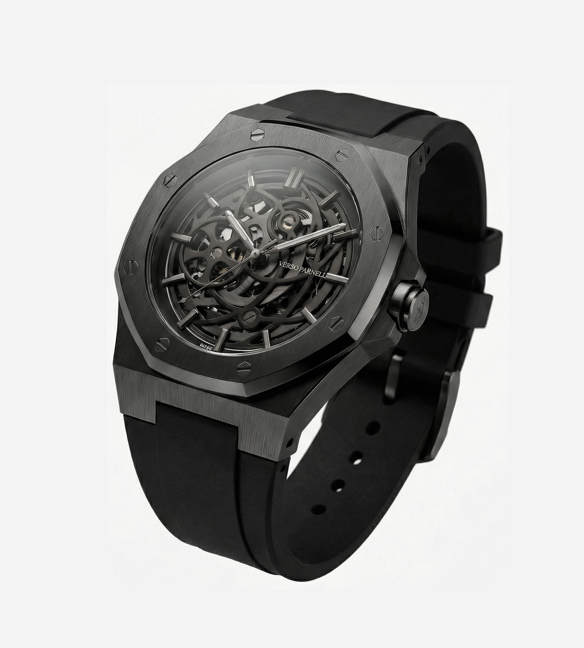 Nebula Sport Watch front view – skeleton dial, luminous hands, anti-reflective sapphire